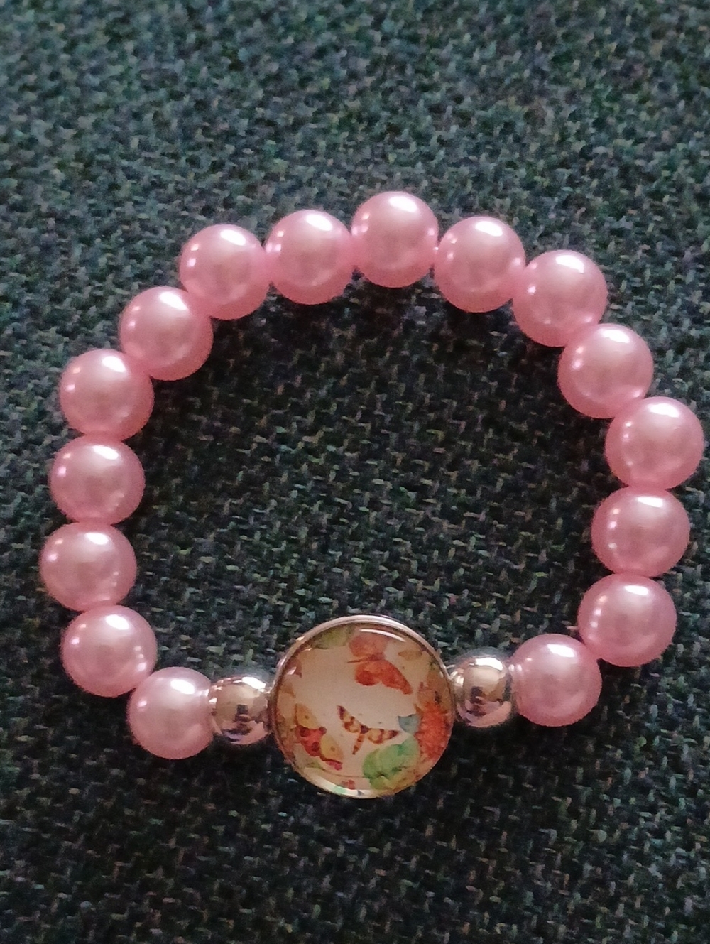 Pink Beaded Bracelet with Floral Cabochon